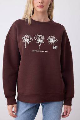 Kahverengi Nak?sl? Oversize/Genis Kal?p Kal?n Ici Polarl? Orme Sweatshirt TWOAW26SW00100 - Trendyolmilla фото 3