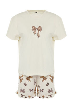 Trendyolmilla Bej 100% Pamuklu Leopar Kurdele/Fiyonklu F?rf?r Detayl? Sortlu Orme Pijama Tak?m? THMSS25PT00347  фото 5