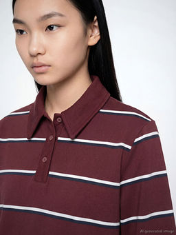 Polo Yaka ?izgili Oversize Kad?n Ti??rt