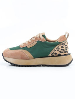 04-PDJ96-2 BEIGE/GREEN Кроссовки демисезонные женские (натуральная замша, натуральная кожа, текстиль)