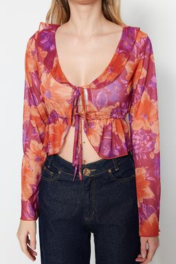 Pembe Cicek Desenli Baglama ve F?rf?r Detayl? Crop Esnek Tul Orme Bluz TWOSS23BZ00207 - Trendyolmilla фото 4