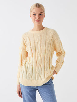 Bisiklet Yaka Kendinden Desenli Uzun Kollu Oversize Kad?n Triko Tunik