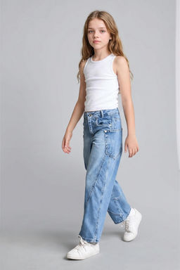 %100 Pamuk Wide Leg Jean Pantolon K_z _ocuk - Defacto фото 4