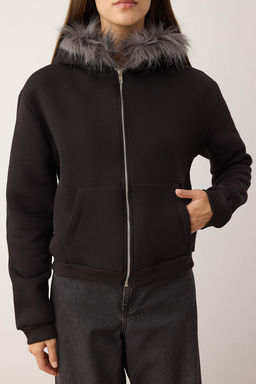Siyah Fermuarl? Tuylu Kapusonlu Cepli Regular/Normal Kal?p Kal?n Orme Sweatshirt TWOAW26SW00176 - Trendyolmilla фото 3