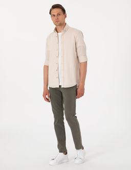 Bej Keten G_r_n_ml_ Slim Fit Uzun Kollu G_mlek
