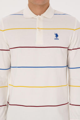 Erkek Regular Fit Polo Yaka _izgili Krem Sweatshirt