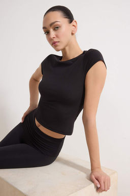 Siyah Soft F?rcal? Kumas Orme Spor T-Shirt THMSS26TS00004