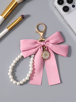 Брелок для ключей на карабине «Двойной бант с жемчугом и подвеской», на сумку, рюкзак, розово-белый 13×8.5×1 см