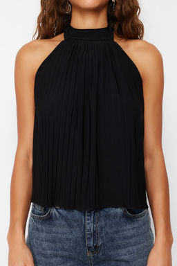 Siyah Pilise Halter Yaka Regular/Normal Kal?p Esnek Orme Bluz TWOSS24BZ00365 - Trendyolmilla фото 6