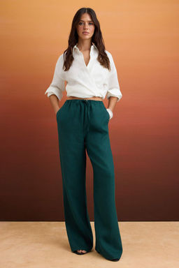 Petrol %100 Keten Beli Lastikli Normal Bel Wide Leg Pantolon TWOSS26PL00048 - Trendyolmilla фото 2