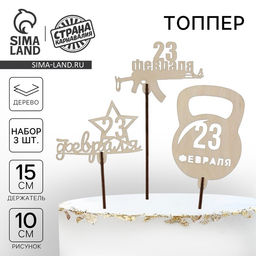 Цена за 3 шт. Топпер для торта «23 февраля» деревянный, ассорти, МИКС