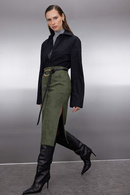 Haki Suet Midi Kalem Orme Etek TWOAW26ET00018