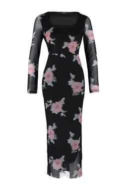 TRENDYOLMILLA Siyah Tul Cicekli Vucuda Oturan Kare Yaka Uzun Kol Maxi Esnek Orme Kalem Elbise TWOAW24EL00291 фото 7