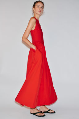 VESTIDO MIDI COMBINADO / Rojo