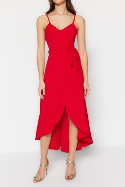 K?rm?z? Kusakl? A-Kesim Volanl?Dugme Detayl? Dokuma Maxi Elbise TWOSS23EL02271