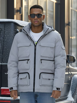 Куртка спортивная мужская зимняя с капюшоном светло-серого цвета 3222SS