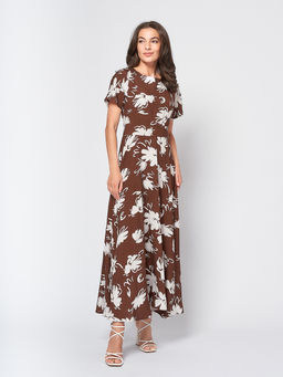 Платье коричневого цвета с принтом и короткими рукавами - 1001dress фото 3