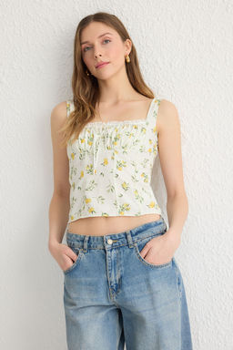 Trendyolmilla Ekru Ask?l? Limon Desenli Onu Buzgulu Crop Dokuma Bluz TWOSS25BZ00052  фото 4