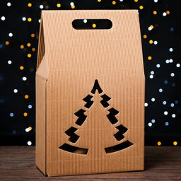Подарочная коробка под бутылки Сумка с ёлкой, бурая, сборная, 24 х 13.5 х 40 см
