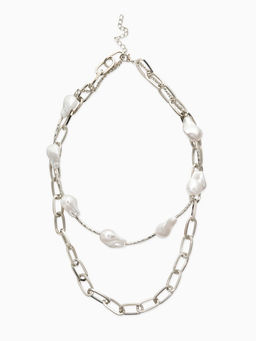 Колье "Жемчуг" борокко, цепь, 2 яруса, цвет белый в серебре