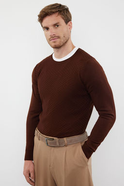 TRENDYOL MAN Kahverengi Slim Dar Kesim Bisiklet Yaka Dokulu Triko Kazak TMNAW25KZ00038 - Trendyolmilla фото 2