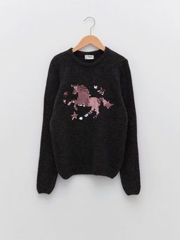 Bisiklet Yaka ?ift Y?nl? Payetli Uzun Kollu K?z ?ocuk Triko Kazak