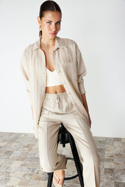 TRENDYOLMILLA Bej Cizgili Oversize Keten Gorunumlu Dokuma Gomlek TWOSS24GO00047  фото 3