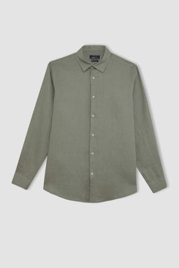 Льняная рубашка стандартного кроя с воротником поло и длинными рукавами