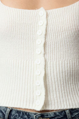 Ekru Crop Kare Yaka Triko Yumusak Dokulu Fitted/Vucudu Saran H?rka TWOAW25HI00178