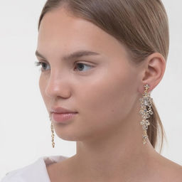 Серьги клипсы для ушей висячие со стразами QF «Ажур», белые в золоте