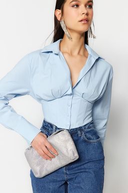 Mavi Crop Astarl? Korse Detayl? Dokuma Poplin Gomlek TPRAW23GO00004
