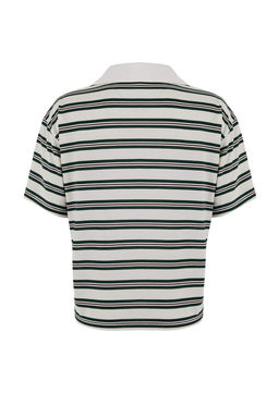 Wardrobe Essentials-Ekru Cizgili Normal Kal?p K?sa Kollu Tok %100 Pamuk Orme T-shirt TWOSS26TS00027