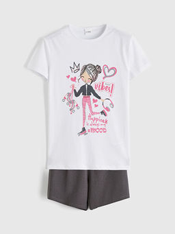 Bask?l? K?z ?ocuk ?ortlu Pijama Tak?m?