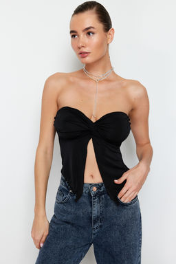 Trendyolmilla Siyah Premium Buzzy Kalp Yaka Buzgulu Esnek Crop Orme Bluz TWOSS24BZ00204 фото 3