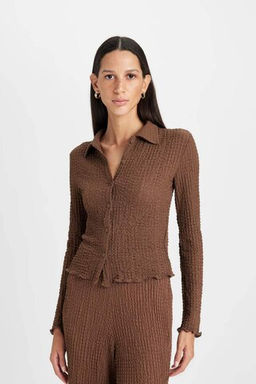 Женская приталенная футболка с длинными рукавами и узким вырезом поло - Defacto фото 5