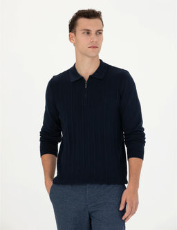Lacivert Slim Fit Fermuarl_ Polo Yaka Triko Kazak