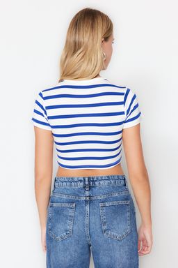 Premium Saks Ekru Cizgili Viskoz/Yumusak Kumas Crop Bisiklet Yaka Esnek Orme Bluz TWOSS23BZ00198