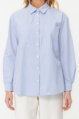 Lacivert Cizgili Oversize Genis Kal?p Dokuma Gomlek TWOAW23GO00359