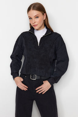 TRENDYOLMILLA Antrasit Eskitme/Soluk Efektli Rahat Kesim Crop Kal?n Ici Polarl? Orme Sweatshirt TWOAW24SW00243 фото 3