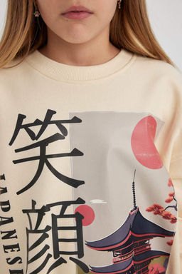 Толстовка оверсайз с круглым вырезом для девочек с принтом - Defacto фото 8