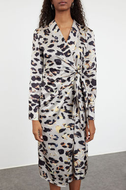 Bej Leopar Desenli Anvelop Midi Baglama Detayl? Dokuma Elbise TWOAW24EL00688