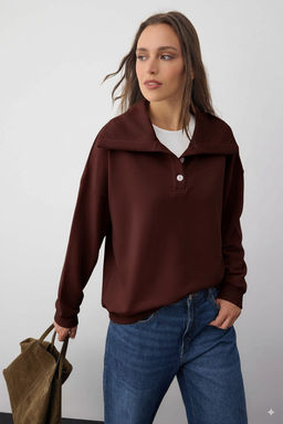 Wardrobe Essentials  Kahverengi Polo Yaka Orme Sweatshirt | TWOAW26SW00041