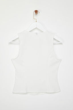 Ekru V Yaka Slim Fit Dokuma Bluz TWOSS25BZ00055