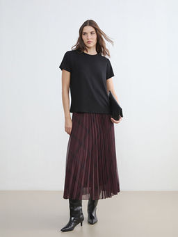 Beli Lastikli Ekose Desenli Pileli Etek