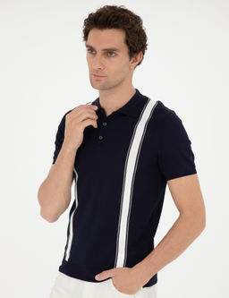 Темно-синяя трикотажная футболка узкого кроя с воротником-поло - Cacharel фото 3