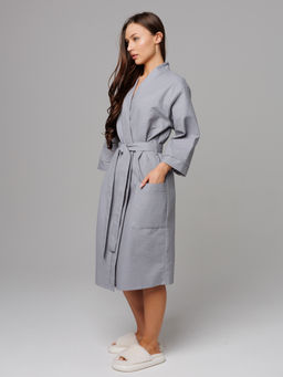 Женский укороченный вафельный халат с планкой серый В-11 (20)