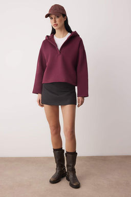 Murdum Kal?n Ici Polarl? Yar?m Pat Fermuarl? Oversize Kapusonlu Orme Sweatshirt TWOAW26SW00060