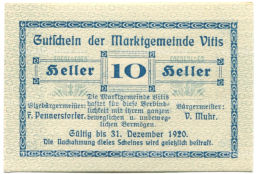 10 геллеров 1920 года Австрия Витис (нотгельд)
