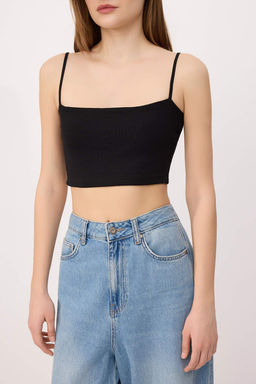 Siyah Fitted Super Crop Ask?l? Straplez Kolsuz Pamuk Ribana Orme Atlet TWOSS26AL00044 - Trendyolmilla фото 3