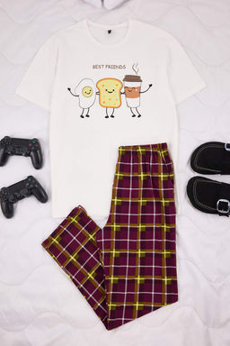 Beyaz Regular Kesim K?sa Kollu Pamuklu Ekose Breakfast Bask?l? Pijama Tak?m? TMNSS26PT00006